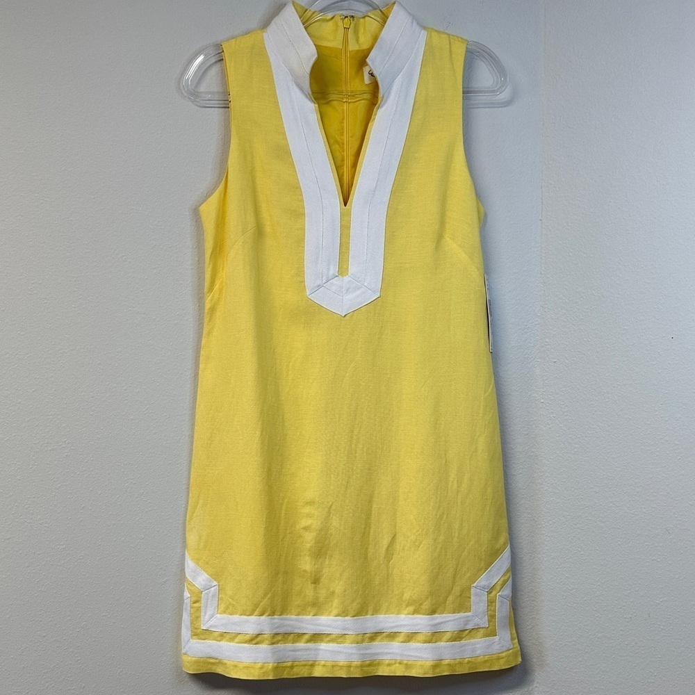NWT Eliza J Vibrant Yellow Linen Blend Mandarin Collar Sheath Dress 6 - Picture 2 of 8